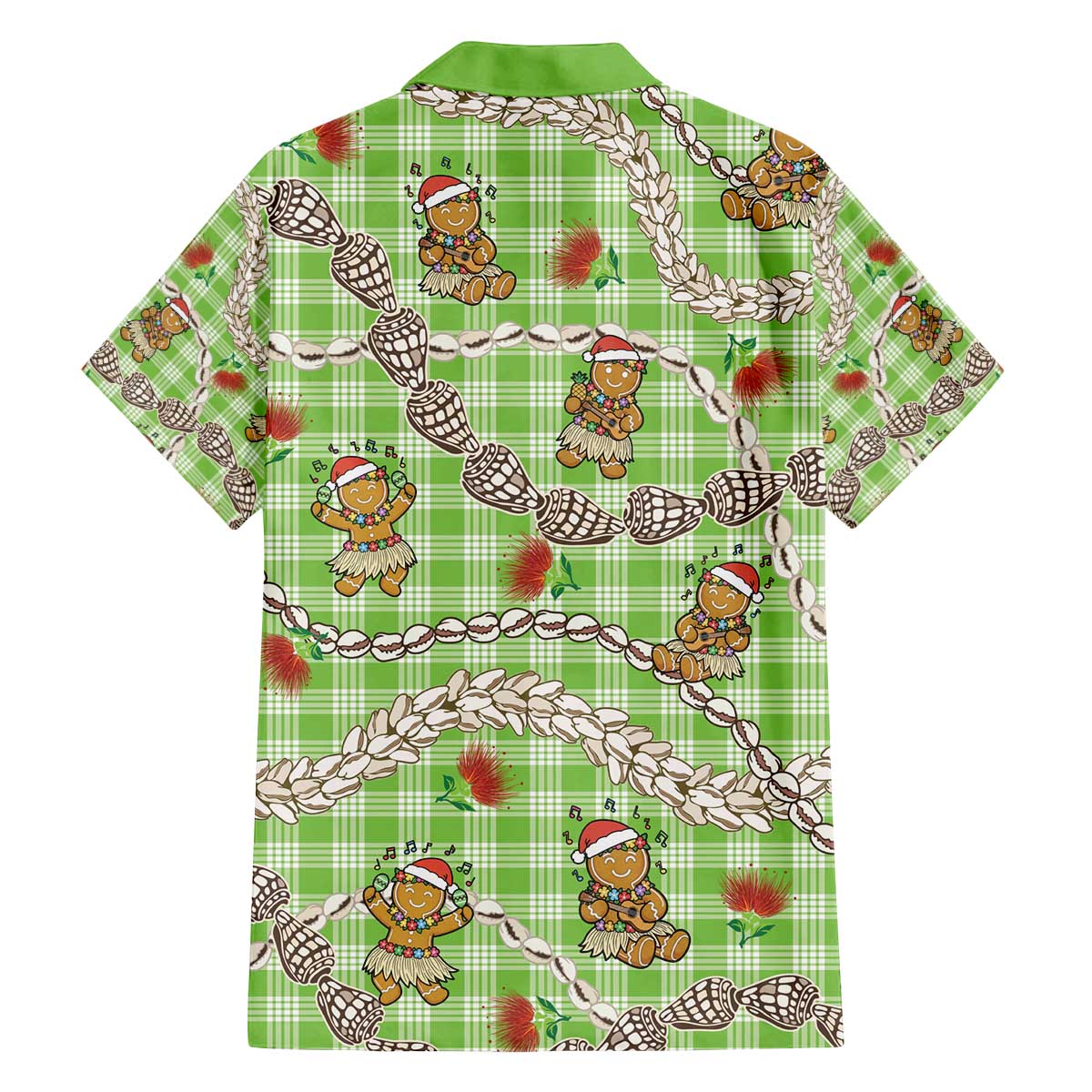 Green Palaka Hawaii Mele Kalikimaka Family Matching Off The Shoulder Long Sleeve Dress and Hawaiian Shirt Ohia Lehua Shell Leis Funny Gingerbread Santa - Polynesian Pride