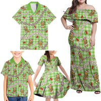 Green Palaka Hawaii Mele Kalikimaka Family Matching Off Shoulder Maxi Dress and Hawaiian Shirt Ohia Lehua Shell Leis Funny Gingerbread Santa - Polynesian Pride