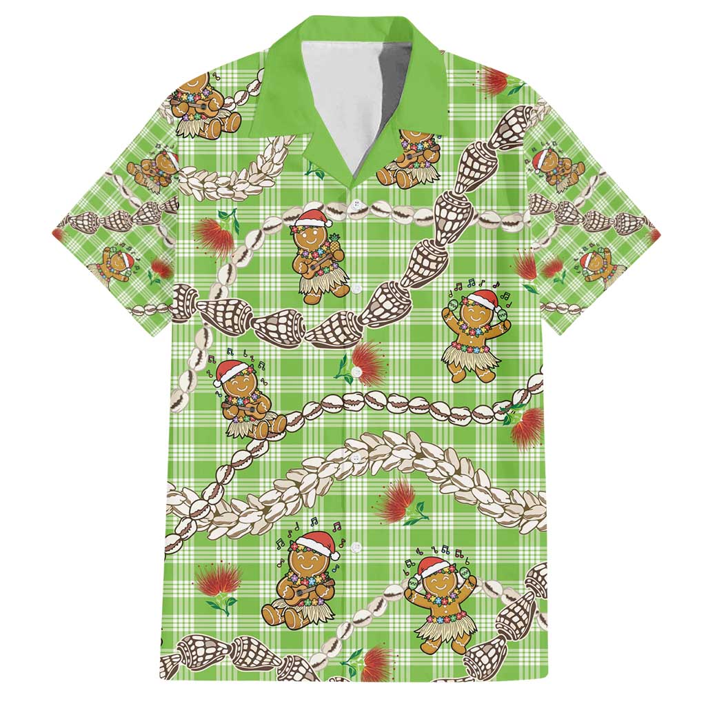 Green Palaka Hawaii Mele Kalikimaka Family Matching Puletasi and Hawaiian Shirt Ohia Lehua Shell Leis Funny Gingerbread Santa - Polynesian Pride