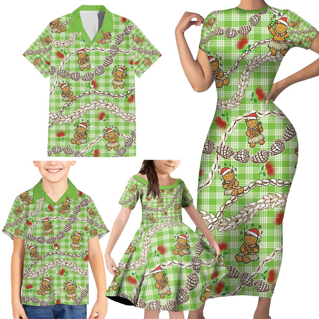 Green Palaka Hawaii Mele Kalikimaka Family Matching Short Sleeve Bodycon Dress and Hawaiian Shirt Ohia Lehua Shell Leis Funny Gingerbread Santa - Polynesian Pride