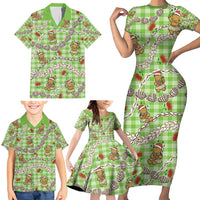Green Palaka Hawaii Mele Kalikimaka Family Matching Short Sleeve Bodycon Dress and Hawaiian Shirt Ohia Lehua Shell Leis Funny Gingerbread Santa - Polynesian Pride