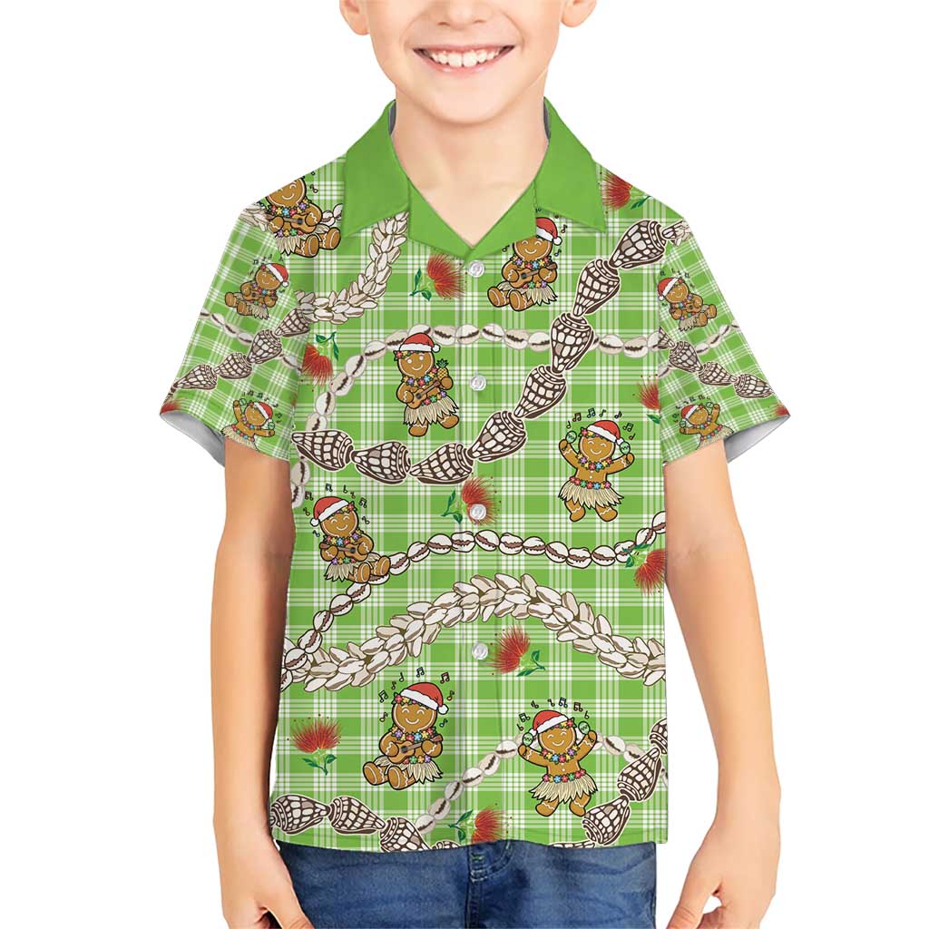 Green Palaka Hawaii Mele Kalikimaka Family Matching Short Sleeve Bodycon Dress and Hawaiian Shirt Ohia Lehua Shell Leis Funny Gingerbread Santa - Polynesian Pride
