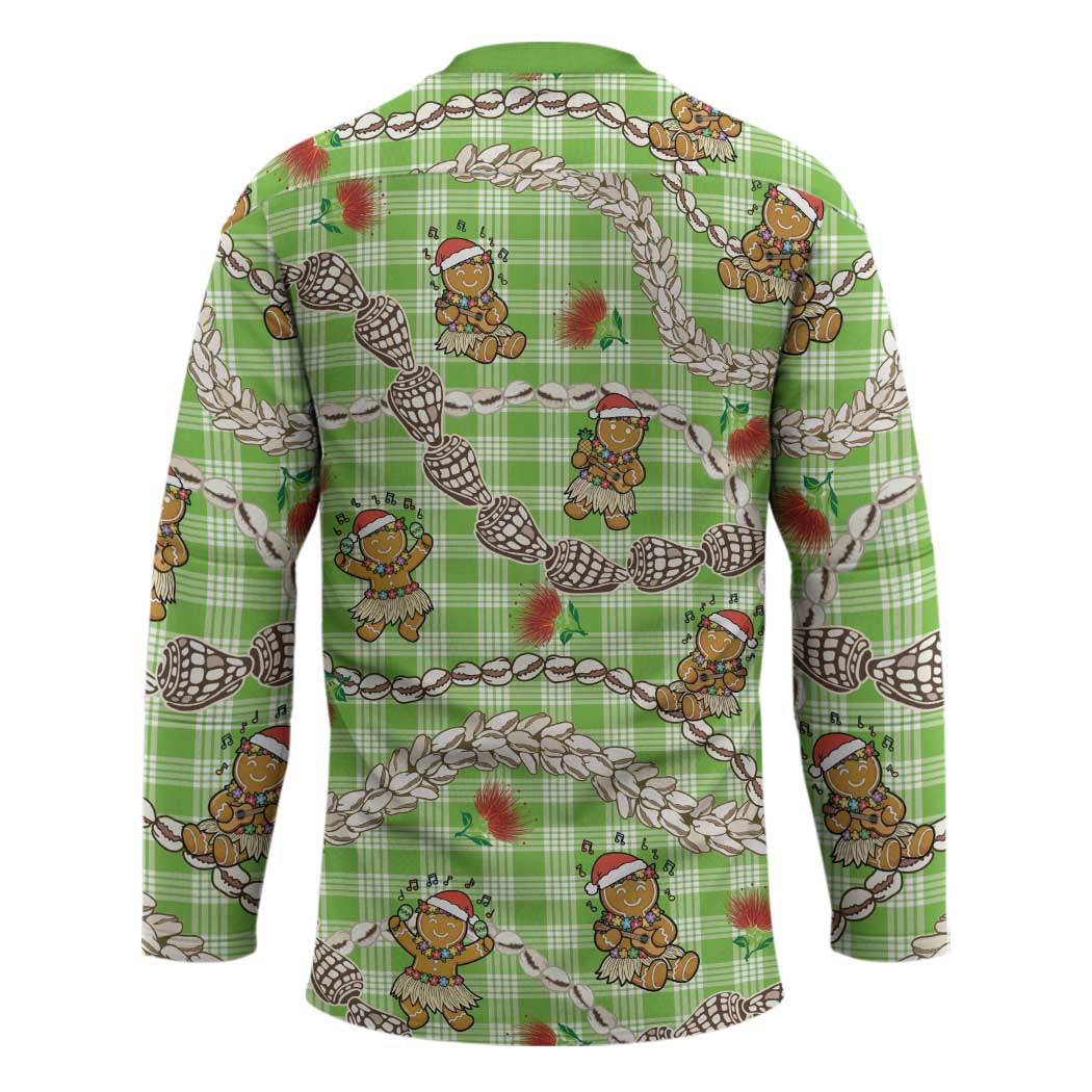 Green Palaka Hawaii Mele Kalikimaka Hockey Jersey Ohia Lehua Shell Leis Funny Gingerbread Santa - Polynesian Pride