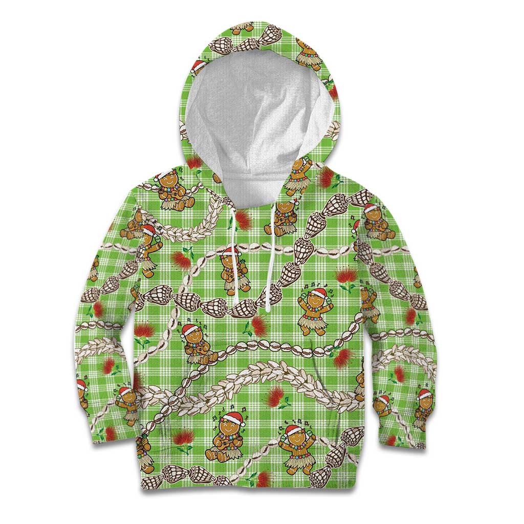 Green Palaka Hawaii Mele Kalikimaka Kid Hoodie Ohia Lehua Shell Leis Funny Gingerbread Santa - Polynesian Pride