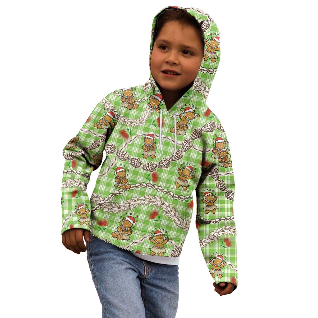 Green Palaka Hawaii Mele Kalikimaka Kid Hoodie Ohia Lehua Shell Leis Funny Gingerbread Santa - Polynesian Pride
