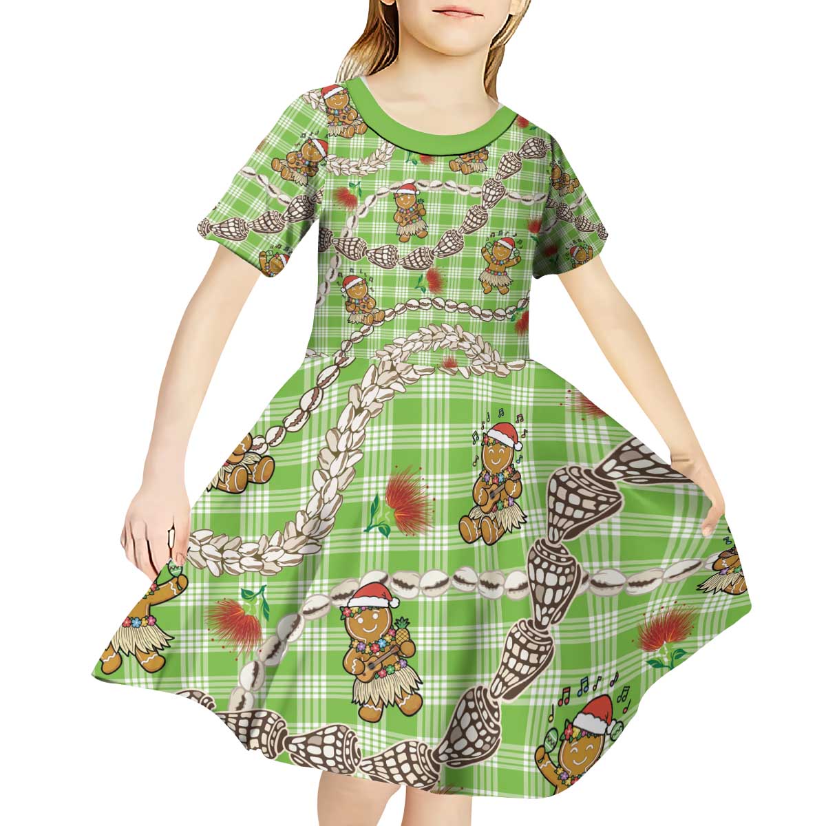 Green Palaka Hawaii Mele Kalikimaka Kid Short Sleeve Dress Ohia Lehua Shell Leis Funny Gingerbread Santa - Polynesian Pride