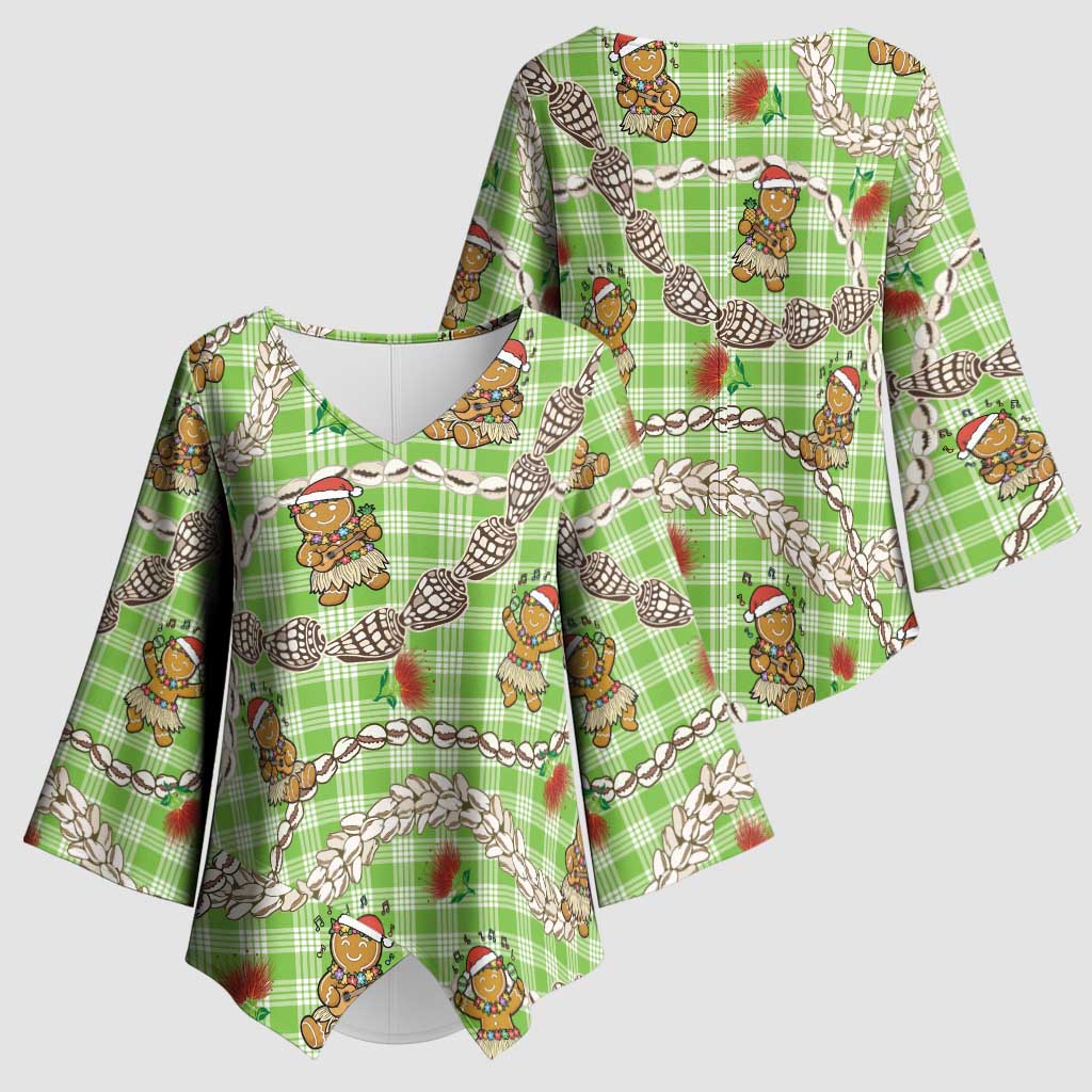 Green Palaka Hawaii Mele Kalikimaka Kimono Sleeve Blouse Ohia Lehua Shell Leis Funny Gingerbread Santa - Polynesian Pride