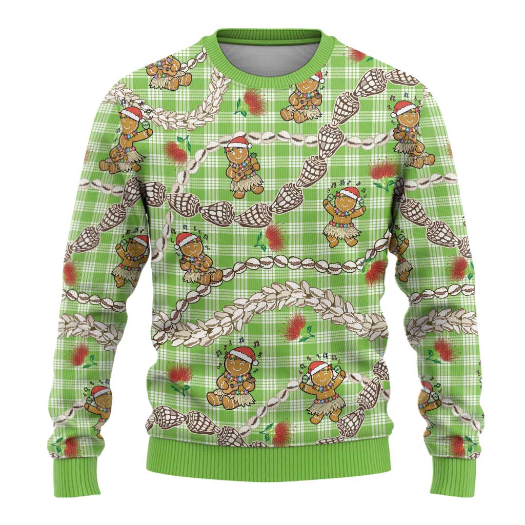Green Palaka Hawaii Mele Kalikimaka Ugly Christmas Sweater Ohia Lehua Shell Leis Funny Gingerbread Santa - Polynesian Pride
