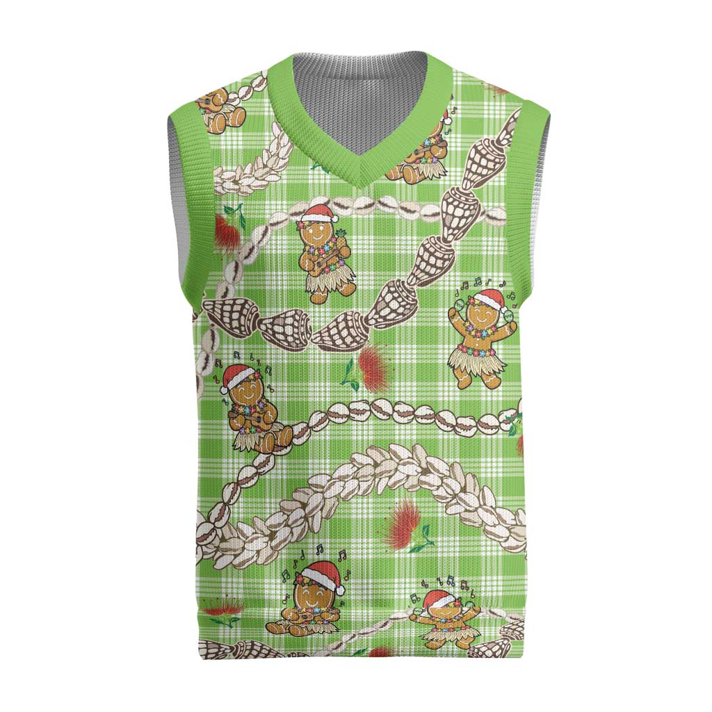 Green Palaka Hawaii Mele Kalikimaka Christmas Knitted V-Neck Vest Ohia Lehua Shell Leis Funny Gingerbread Santa - Polynesian Pride