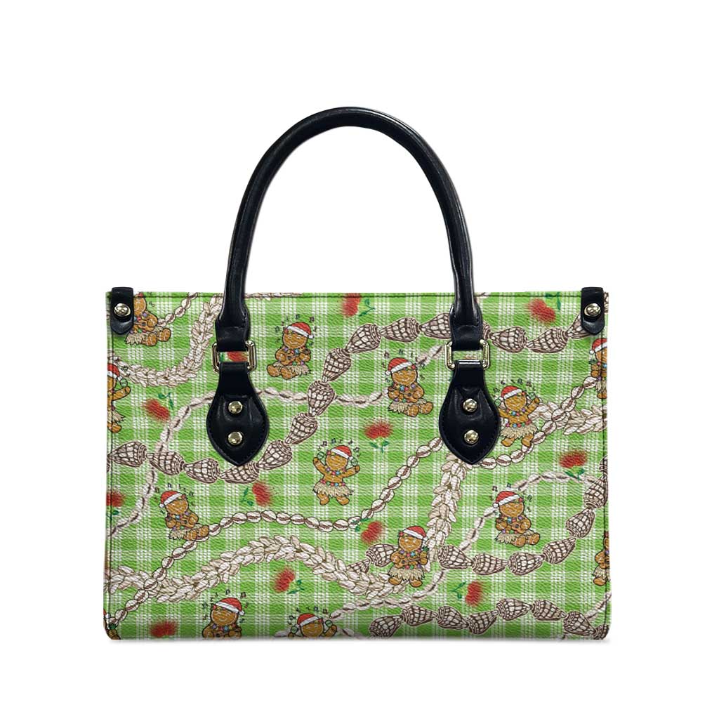 Green Palaka Hawaii Mele Kalikimaka Leather Bag Ohia Lehua Shell Leis Funny Gingerbread Santa - Polynesian Pride