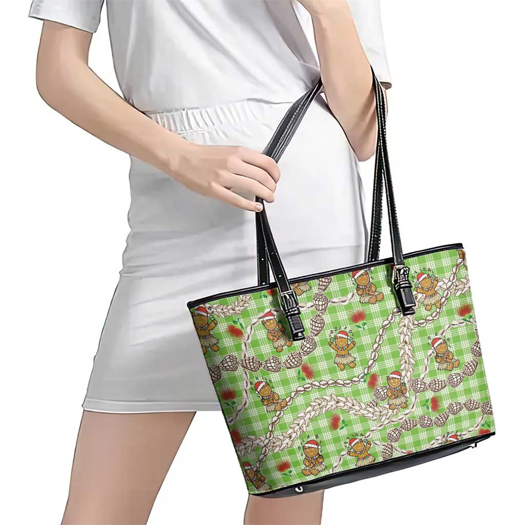 Green Palaka Hawaii Mele Kalikimaka Leather Tote Bag Ohia Lehua Shell Leis Funny Gingerbread Santa - Polynesian Pride