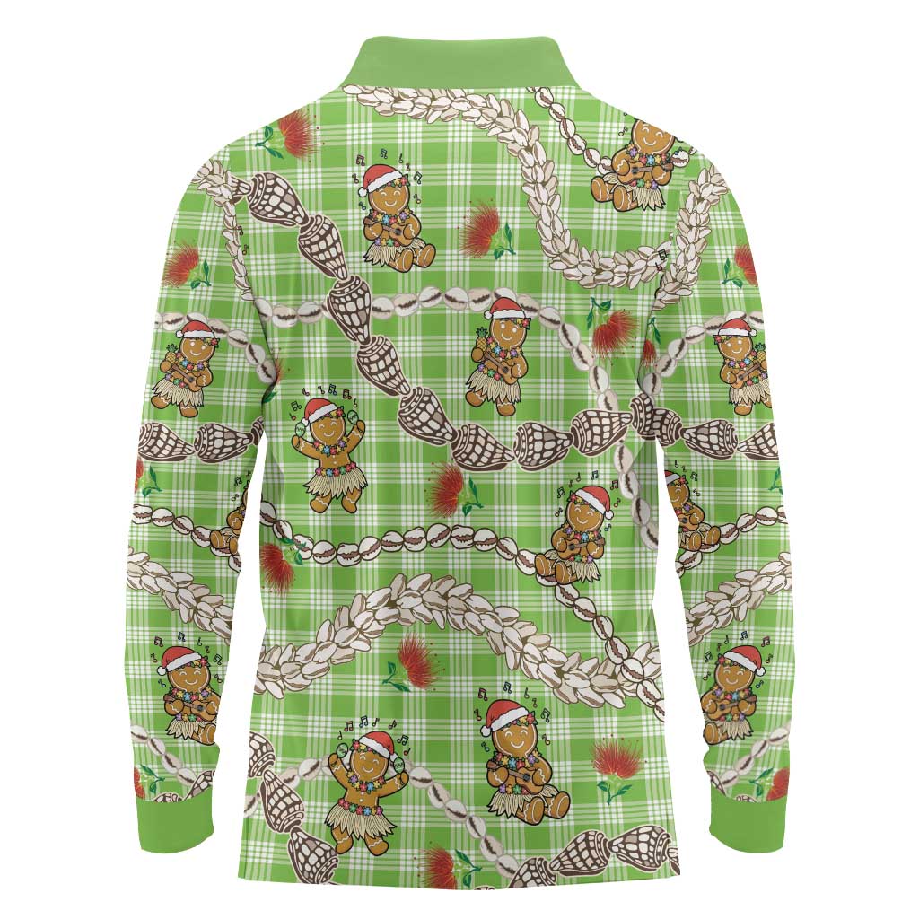 Green Palaka Hawaii Mele Kalikimaka Long Sleeve Polo Shirt Ohia Lehua Shell Leis Funny Gingerbread Santa - Polynesian Pride