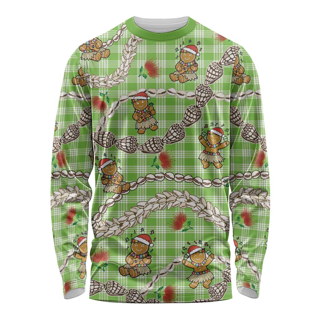 Green Palaka Hawaii Mele Kalikimaka Long Sleeve Shirt Ohia Lehua Shell Leis Funny Gingerbread Santa - Polynesian Pride