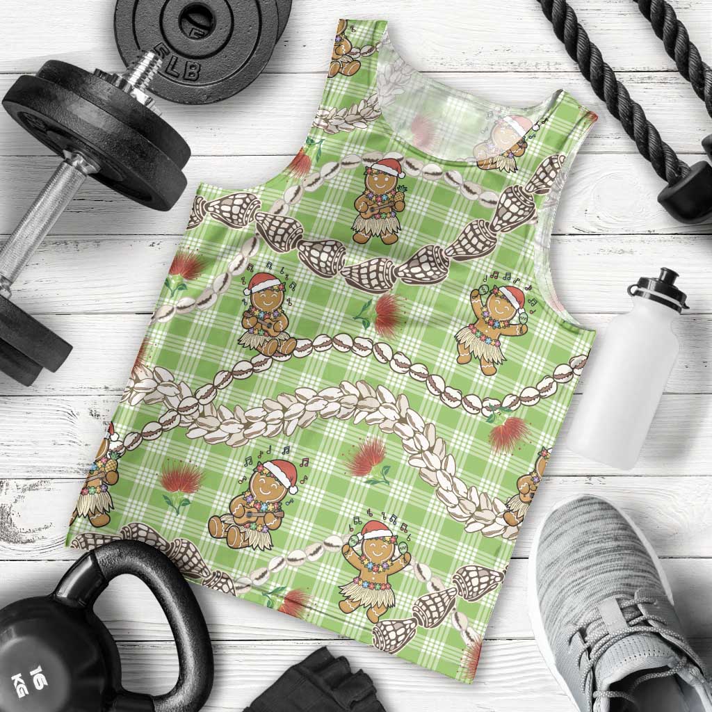 Green Palaka Hawaii Mele Kalikimaka Men Tank Top Ohia Lehua Shell Leis Funny Gingerbread Santa - Polynesian Pride