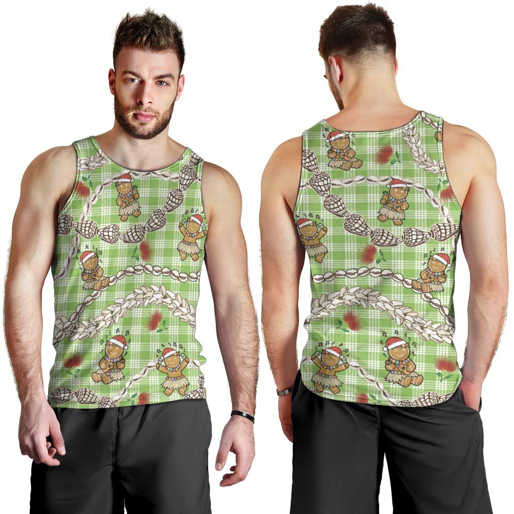 Green Palaka Hawaii Mele Kalikimaka Men Tank Top Ohia Lehua Shell Leis Funny Gingerbread Santa - Polynesian Pride