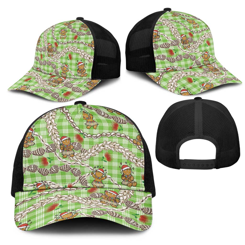 Green Palaka Hawaii Mele Kalikimaka Mesh Trucker Cap Ohia Lehua Shell Leis Funny Gingerbread Santa - Polynesian Pride
