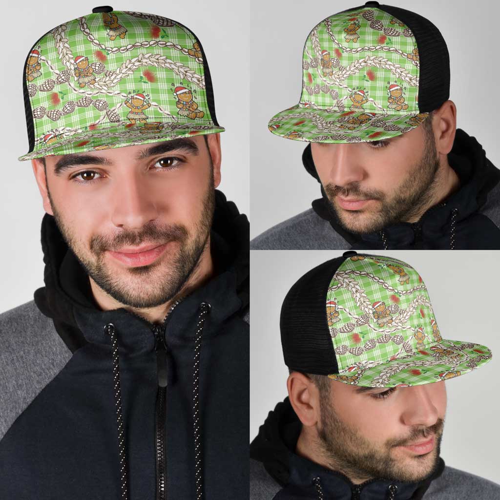 Green Palaka Hawaii Mele Kalikimaka Mesh Trucker Cap Ohia Lehua Shell Leis Funny Gingerbread Santa - Polynesian Pride
