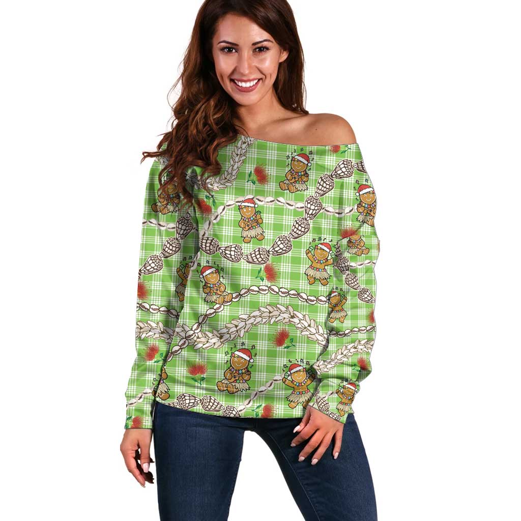 Green Palaka Hawaii Mele Kalikimaka Off Shoulder Sweater Ohia Lehua Shell Leis Funny Gingerbread Santa - Polynesian Pride