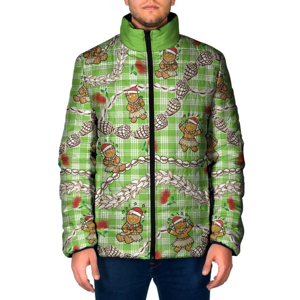 Green Palaka Hawaii Mele Kalikimaka Padded Jacket Ohia Lehua Shell Leis Funny Gingerbread Santa - Polynesian Pride