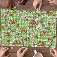 Green Palaka Hawaii Mele Kalikimaka Puzzle Ohia Lehua Shell Leis Funny Gingerbread Santa - Polynesian Pride