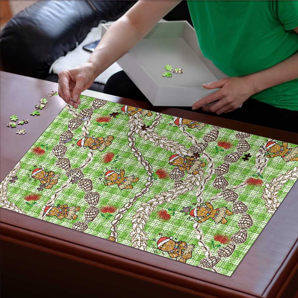 Green Palaka Hawaii Mele Kalikimaka Puzzle Ohia Lehua Shell Leis Funny Gingerbread Santa - Polynesian Pride