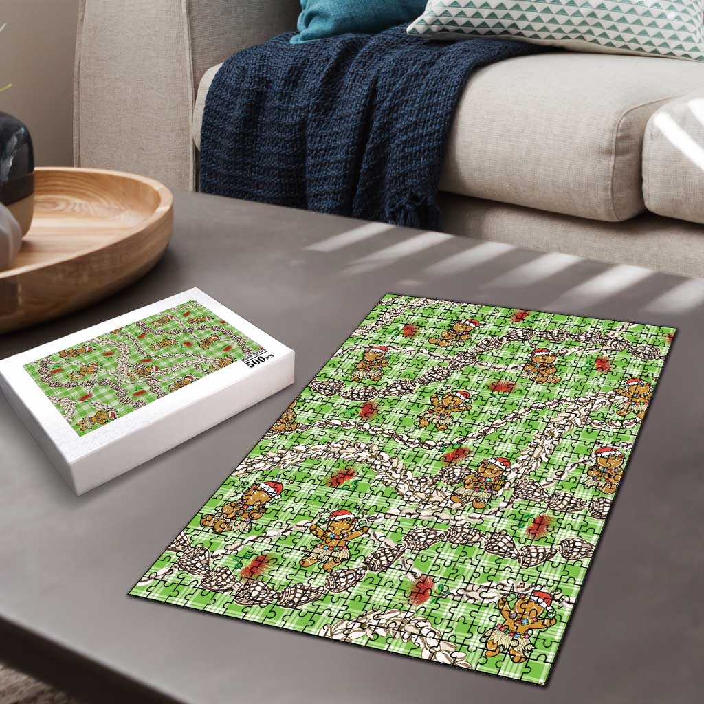 Green Palaka Hawaii Mele Kalikimaka Puzzle Ohia Lehua Shell Leis Funny Gingerbread Santa - Polynesian Pride