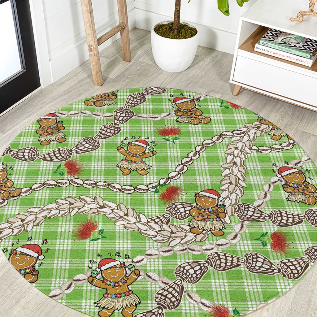 Green Palaka Hawaii Mele Kalikimaka Round Carpet Ohia Lehua Shell Leis Funny Gingerbread Santa - Polynesian Pride