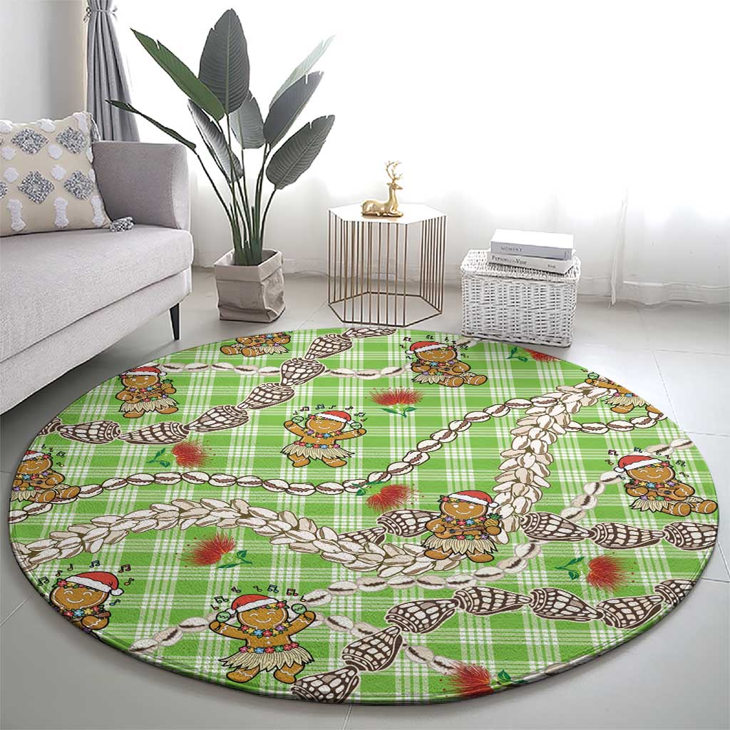 Green Palaka Hawaii Mele Kalikimaka Round Carpet Ohia Lehua Shell Leis Funny Gingerbread Santa - Polynesian Pride