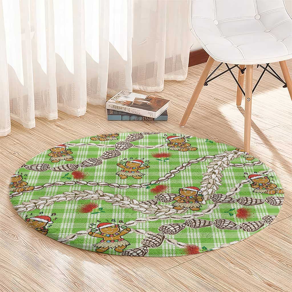 Green Palaka Hawaii Mele Kalikimaka Round Carpet Ohia Lehua Shell Leis Funny Gingerbread Santa - Polynesian Pride