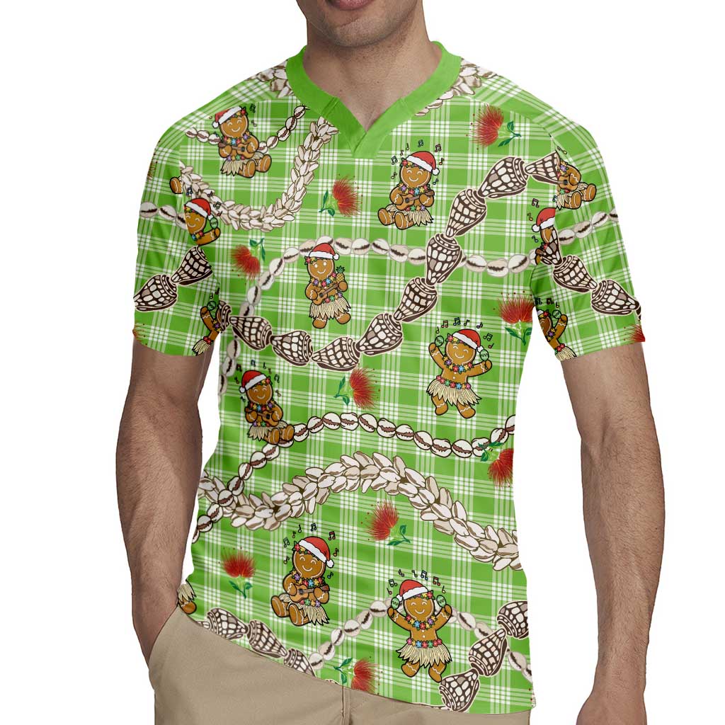 Green Palaka Hawaii Mele Kalikimaka Rugby Jersey Ohia Lehua Shell Leis Funny Gingerbread Santa - Polynesian Pride