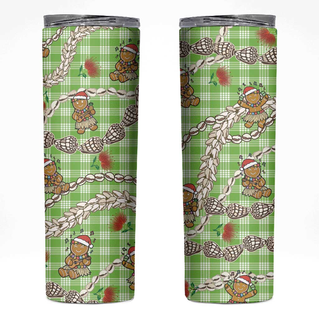 Green Palaka Hawaii Mele Kalikimaka Skinny Tumbler Ohia Lehua Shell Leis Funny Gingerbread Santa - Polynesian Pride