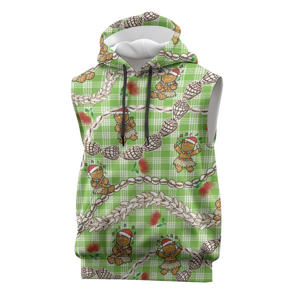 Green Palaka Hawaii Mele Kalikimaka Sleeveless Hoodie Ohia Lehua Shell Leis Funny Gingerbread Santa - Polynesian Pride