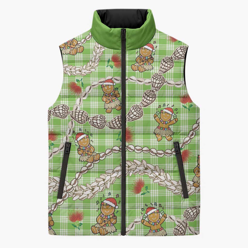 Green Palaka Hawaii Mele Kalikimaka Sleeveless Puffer Jacket Ohia Lehua Shell Leis Funny Gingerbread Santa - Polynesian Pride