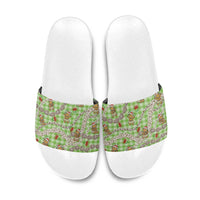 Green Palaka Hawaii Mele Kalikimaka Slide Sandals Ohia Lehua Shell Leis Funny Gingerbread Santa - Polynesian Pride