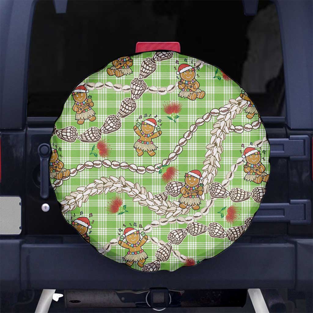 Green Palaka Hawaii Mele Kalikimaka Spare Tire Cover Ohia Lehua Shell Leis Funny Gingerbread Santa - Polynesian Pride