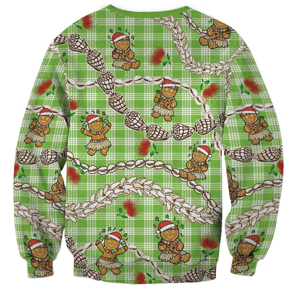 Green Palaka Hawaii Mele Kalikimaka Sweatshirt Ohia Lehua Shell Leis Funny Gingerbread Santa - Polynesian Pride