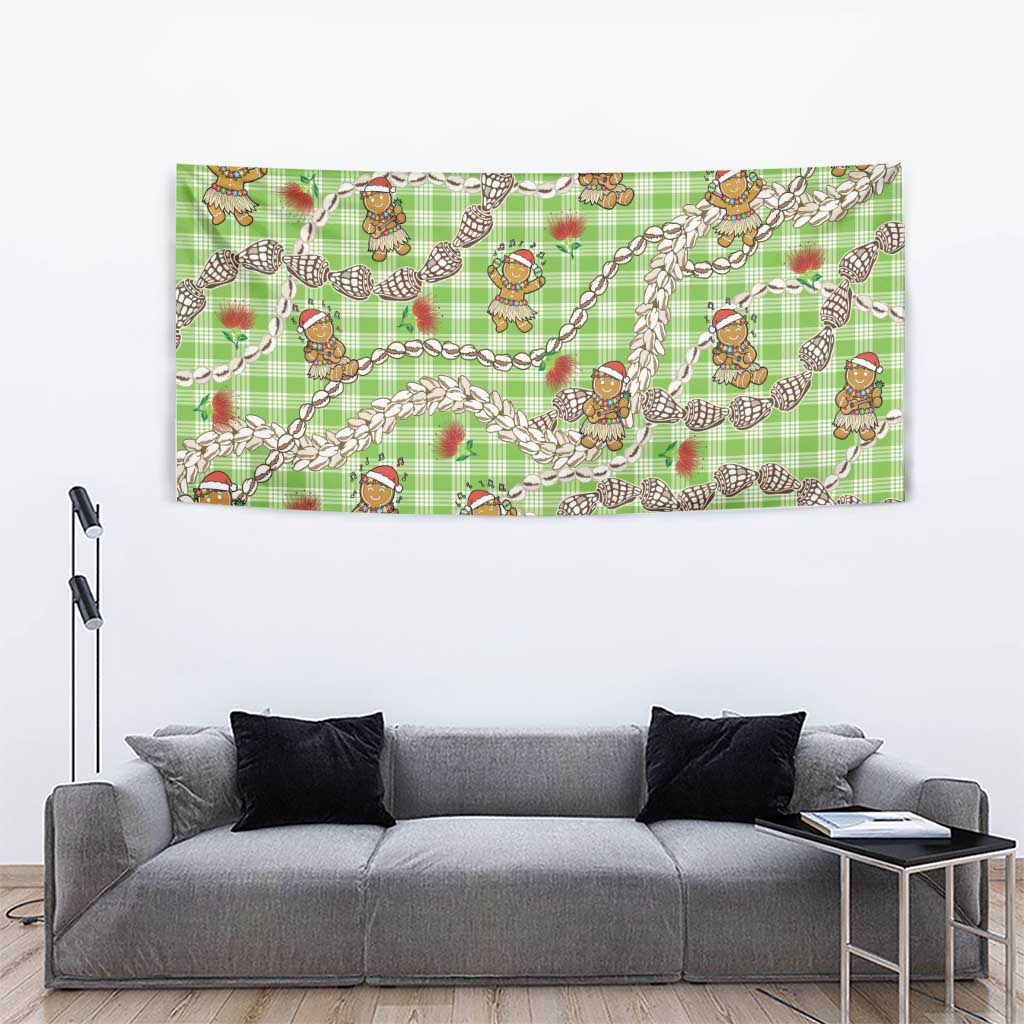 Green Palaka Hawaii Mele Kalikimaka Tapestry Ohia Lehua Shell Leis Funny Gingerbread Santa - Polynesian Pride