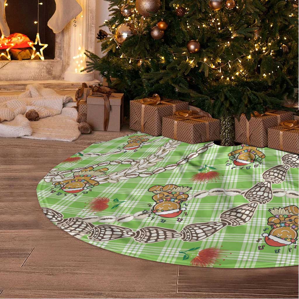 Green Palaka Hawaii Mele Kalikimaka Tree Skirt Ohia Lehua Shell Leis Funny Gingerbread Santa - Polynesian Pride