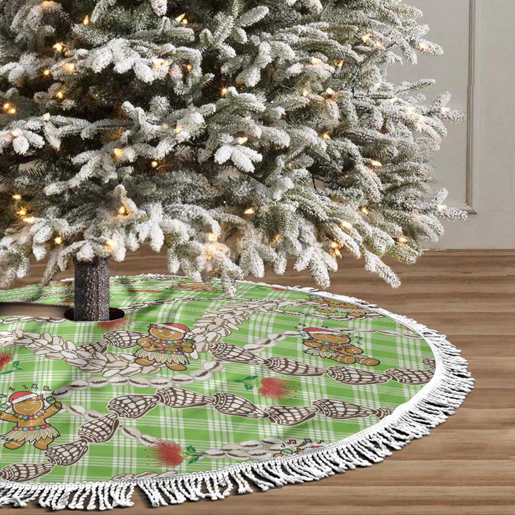 Green Palaka Hawaii Mele Kalikimaka Tree Skirt Ohia Lehua Shell Leis Funny Gingerbread Santa - Polynesian Pride