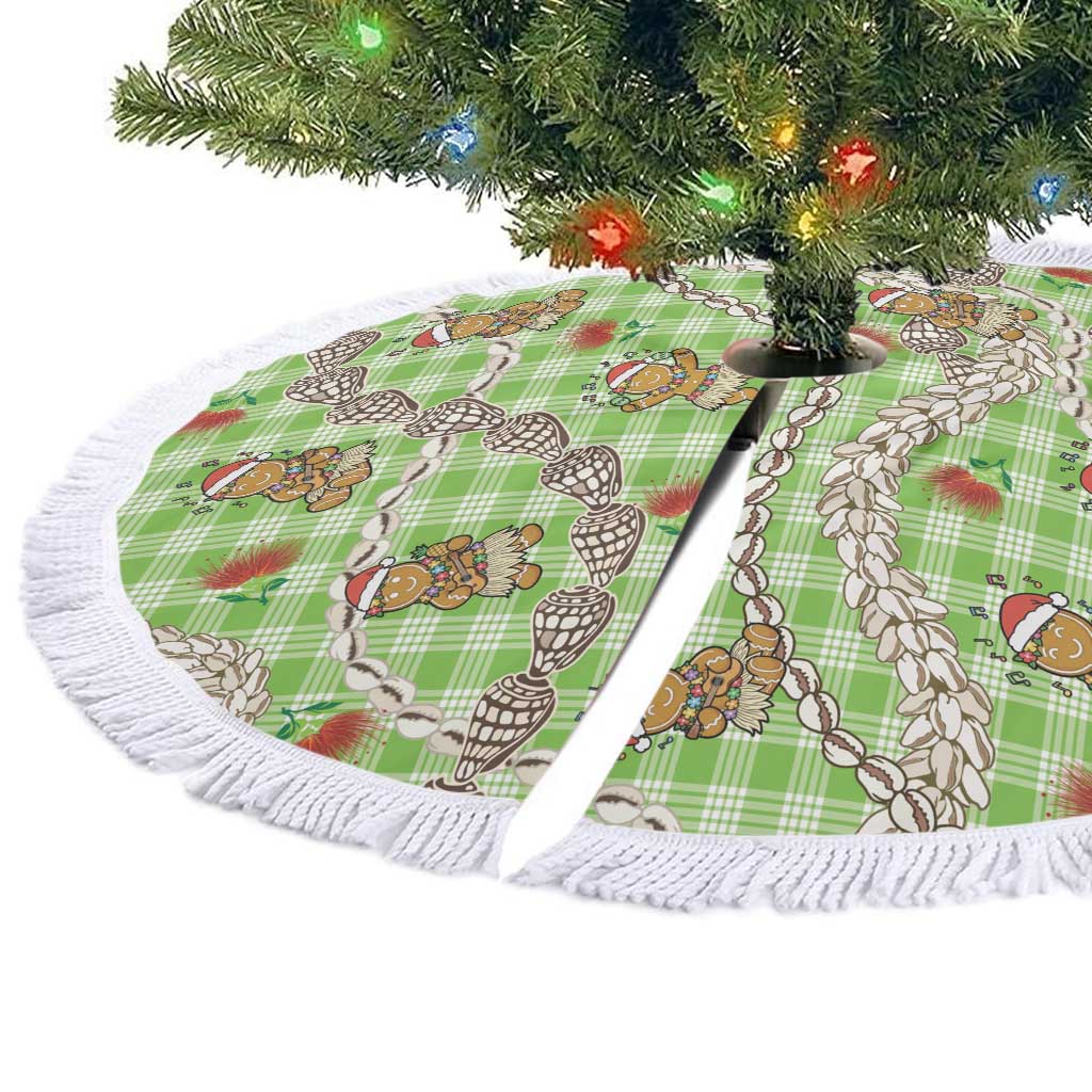 Green Palaka Hawaii Mele Kalikimaka Tree Skirt Ohia Lehua Shell Leis Funny Gingerbread Santa - Polynesian Pride