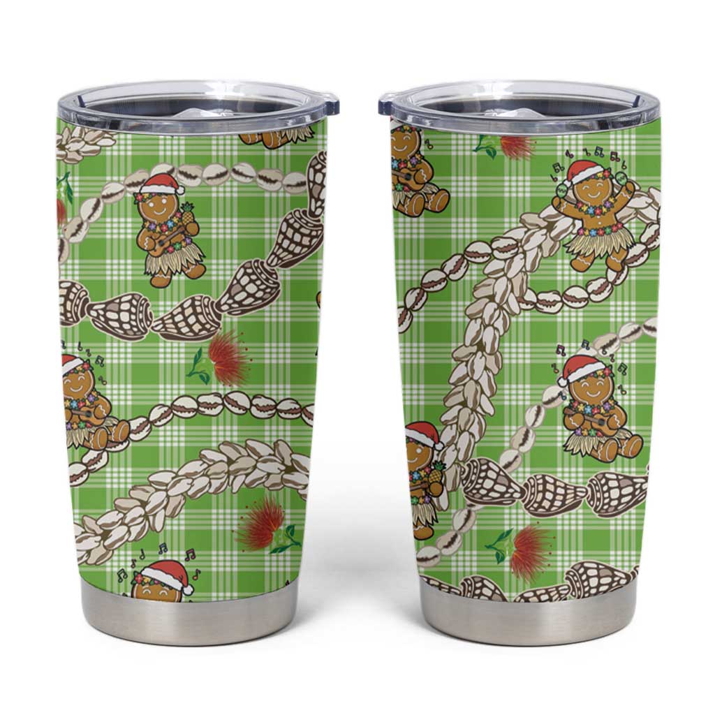 Green Palaka Hawaii Mele Kalikimaka Tumbler Cup Ohia Lehua Shell Leis Funny Gingerbread Santa - Polynesian Pride