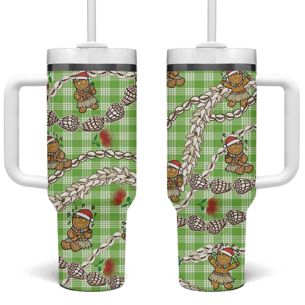 Green Palaka Hawaii Mele Kalikimaka Tumbler With Handle Ohia Lehua Shell Leis Funny Gingerbread Santa - Polynesian Pride