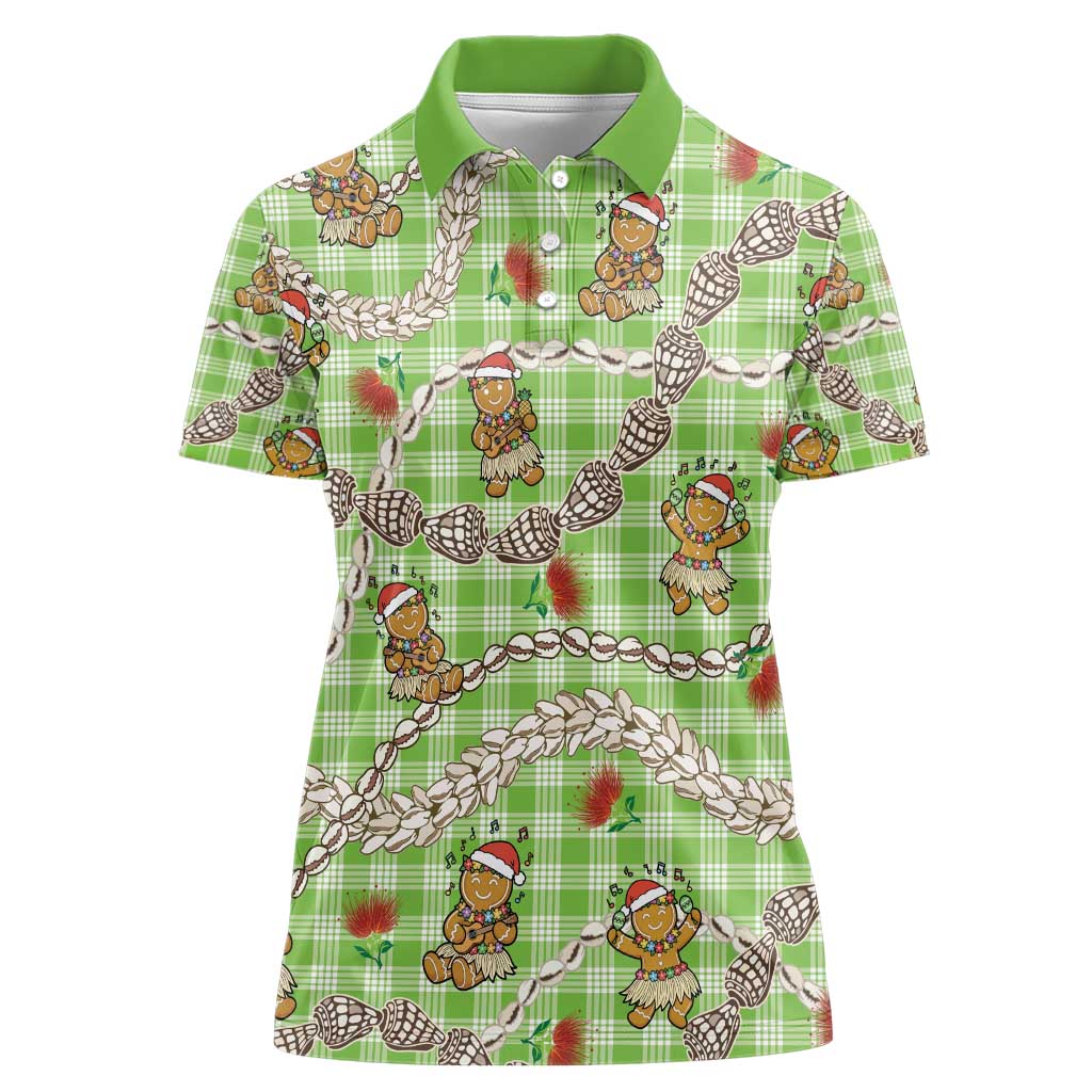 Green Palaka Hawaii Mele Kalikimaka Women Polo Shirt Ohia Lehua Shell Leis Funny Gingerbread Santa - Polynesian Pride