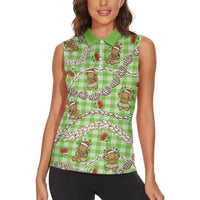 Green Palaka Hawaii Mele Kalikimaka Women Sleeveless Polo Shirt Ohia Lehua Shell Leis Funny Gingerbread Santa - Polynesian Pride