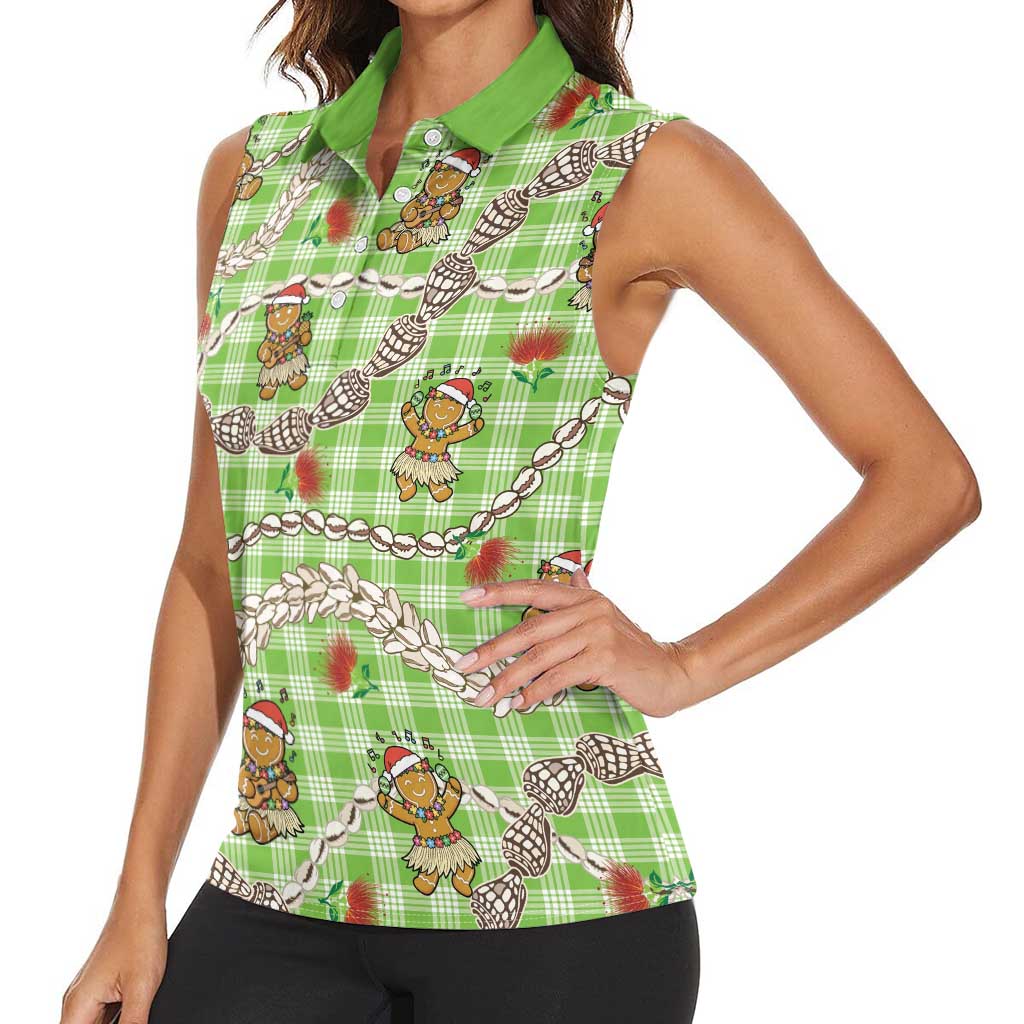 Green Palaka Hawaii Mele Kalikimaka Women Sleeveless Polo Shirt Ohia Lehua Shell Leis Funny Gingerbread Santa - Polynesian Pride