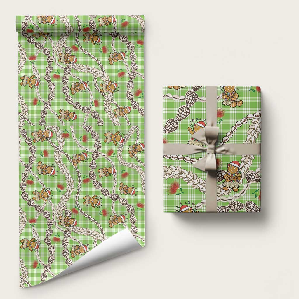 Green Palaka Hawaii Mele Kalikimaka Wrapping Paper Ohia Lehua Shell Leis Funny Gingerbread Santa - Polynesian Pride
