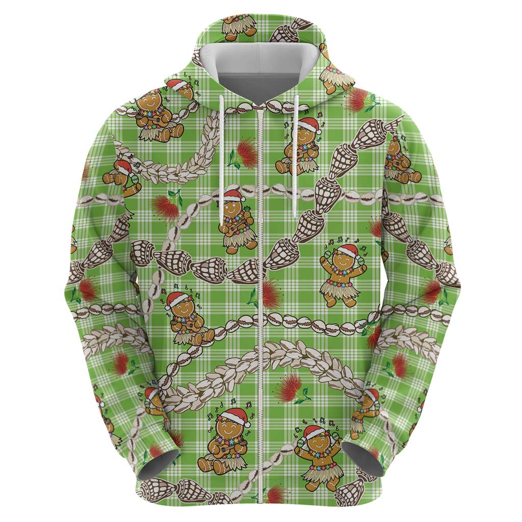 Green Palaka Hawaii Mele Kalikimaka Zip Hoodie Ohia Lehua Shell Leis Funny Gingerbread Santa - Polynesian Pride