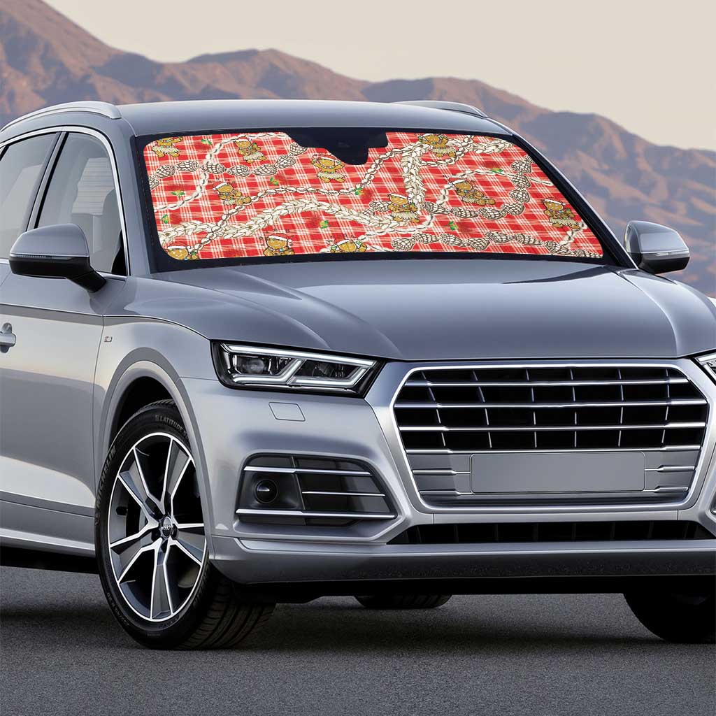 Red Palaka Hawaii Mele Kalikimaka Auto Sun Shade Ohia Lehua Shell Leis Funny Gingerbread Santa - Polynesian Pride