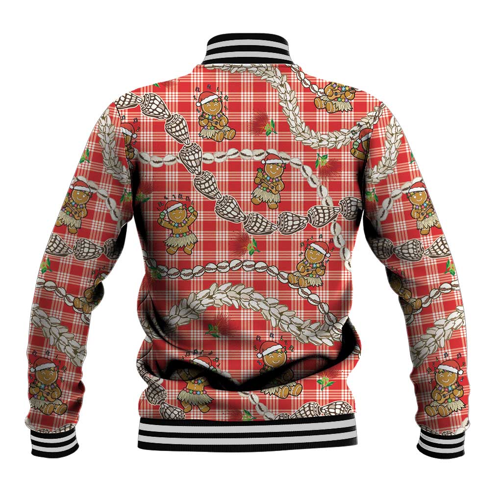 Red Palaka Hawaii Mele Kalikimaka Baseball Jacket Ohia Lehua Shell Leis Funny Gingerbread Santa - Polynesian Pride