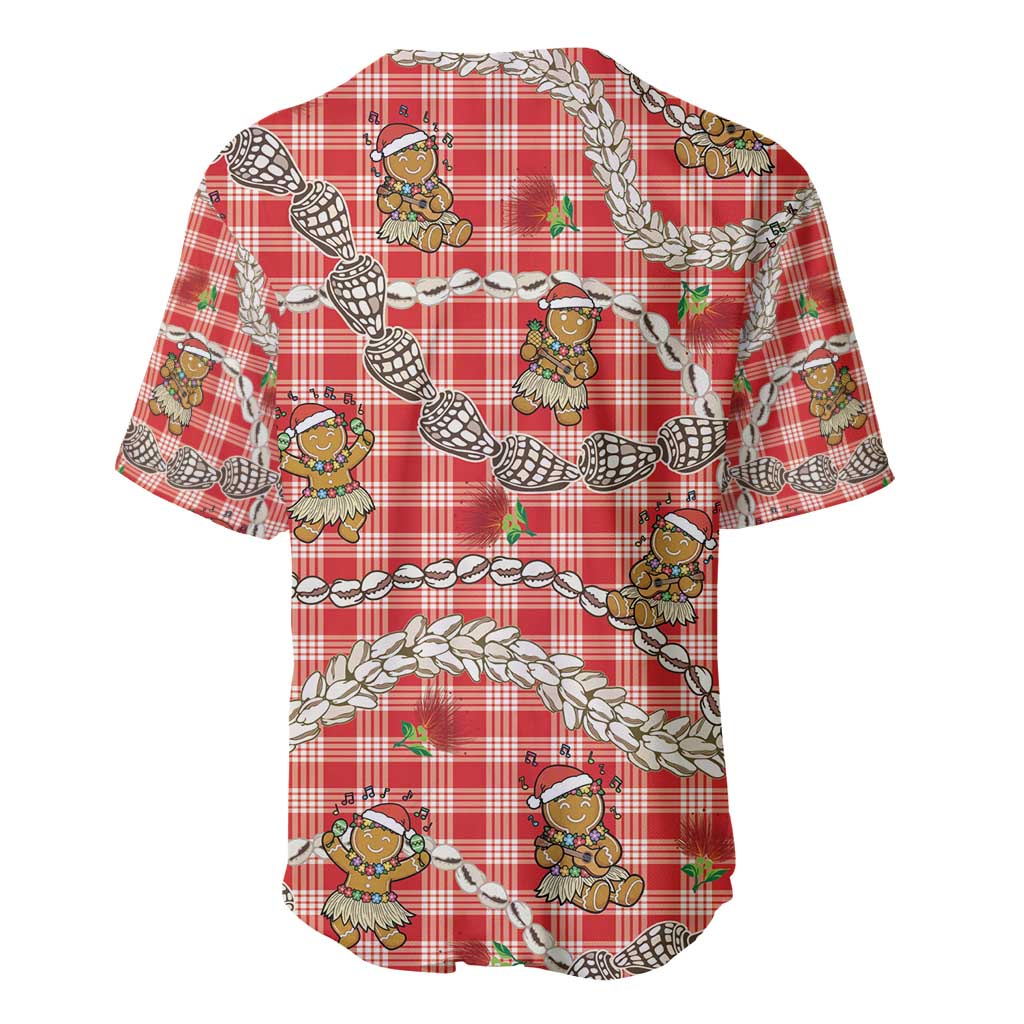 Red Palaka Hawaii Mele Kalikimaka Baseball Jersey Ohia Lehua Shell Leis Funny Gingerbread Santa - Polynesian Pride